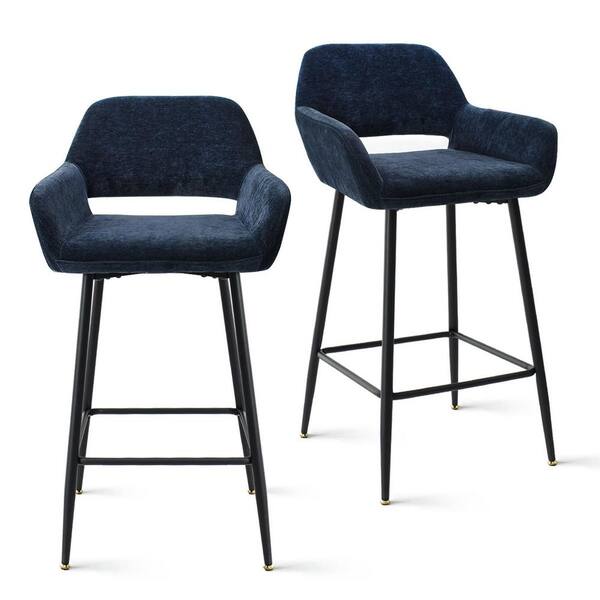 LAOTIES 19 in. W x 36 in. H Blue Fabric Upholstered 27 in. Counter Stool with Arms (Set of 2)