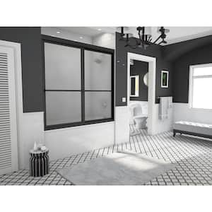 Newport 54 in. to 55.625 in. x 55 in. Framed Sliding Bathtub Door with Towel Bar in Matte Black and Aquatex Glass