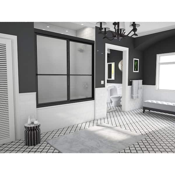 Coastal Shower Doors Newport 56 in. to 57.625 in. x 55 in. Framed Sliding Bathtub Door with Towel Bar in Matte Black and Aquatex Glass