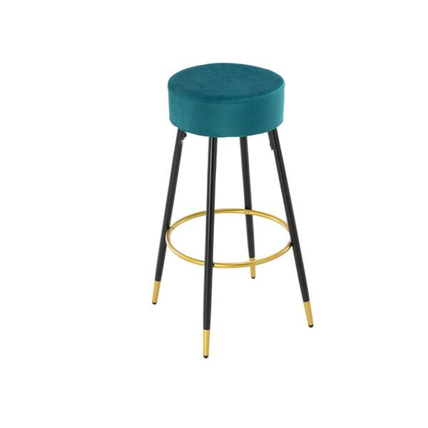 24 in. Teal Iron Velvet Kitchen Bar Stools Upholstered Dining