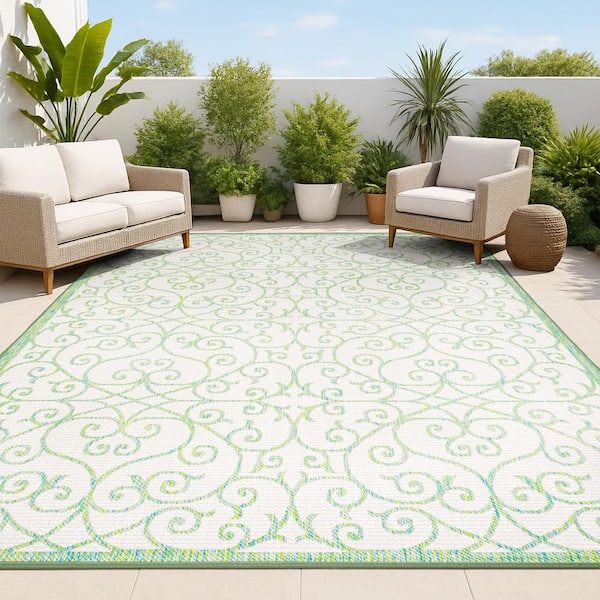Madrid Vintage Filigree Textured Weave Cream/Green 8 ft. x 10 ft. Indoor/Outdoor Area Rug