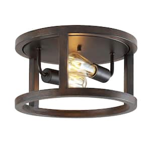 Atelier 12.75 in. 2-Light Brown/Oil Rubbed Bronze Iron Rustic Industrial LED Flush Mount