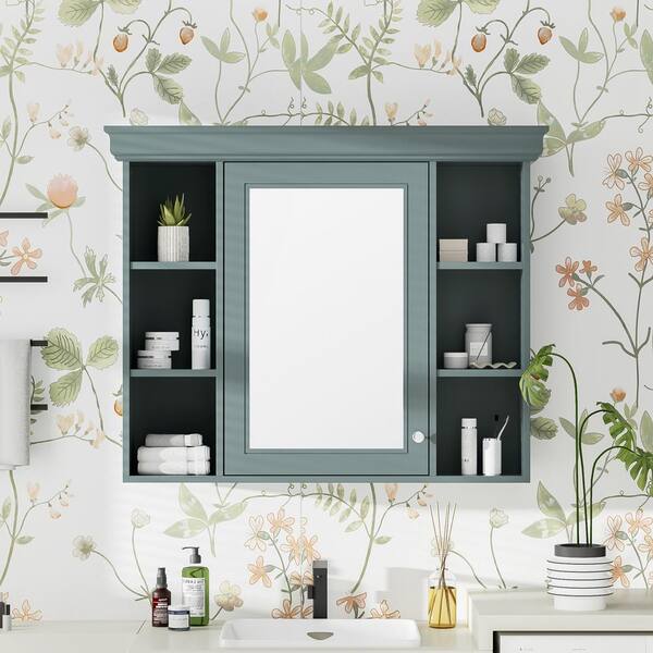 FORCLOVER 35 in. W x 28 in. H Rectangular Medicine Cabinet with Mirror and 6-Open Shelves in Blue