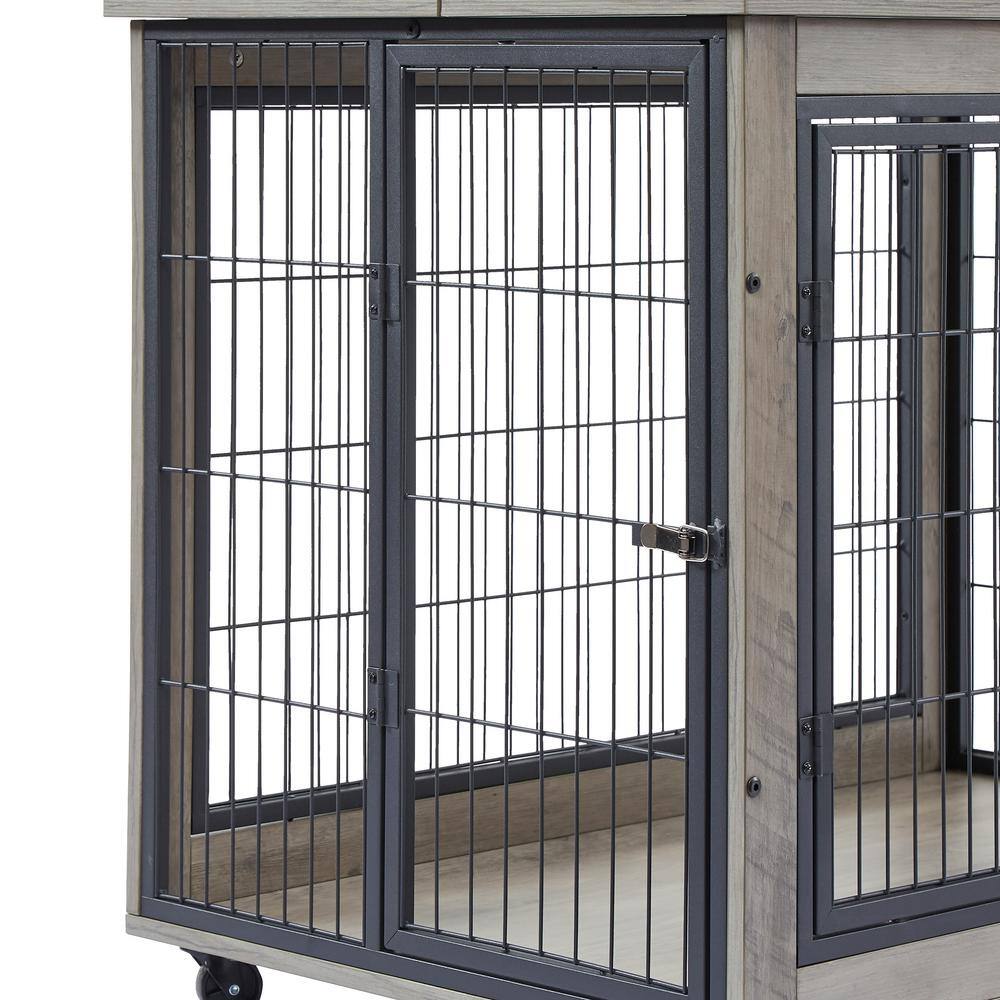 Gray Rolling Wooden Dog Crate Side Table with Double Doors