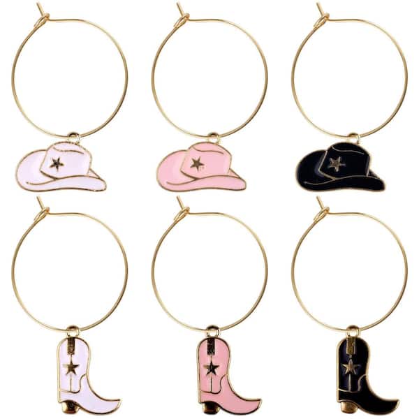6-Pack Cowboy Boot and Hat Wine Glass Charms Zinc Alloy Copper Stemware Identification Tags Markers Decor