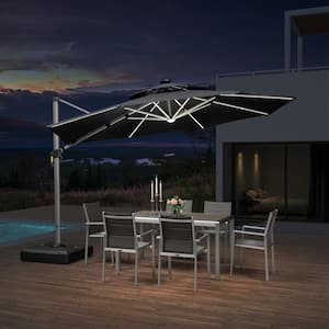 12 ft. Octagon Aluminum Solar Powered LED Patio Cantilever Offset Umbrella with Base, Gray
