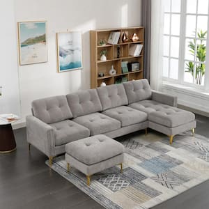 111 in. Soft Velvet Modern Sectional Sofa in Light Gray with Ottoman, Side Storage Pockets and Metal Legs