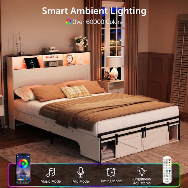 White Steel Frame Full Panel Bed with Storage Shelves, Panel Platform Bed with Charging Station, Footboard Drawer