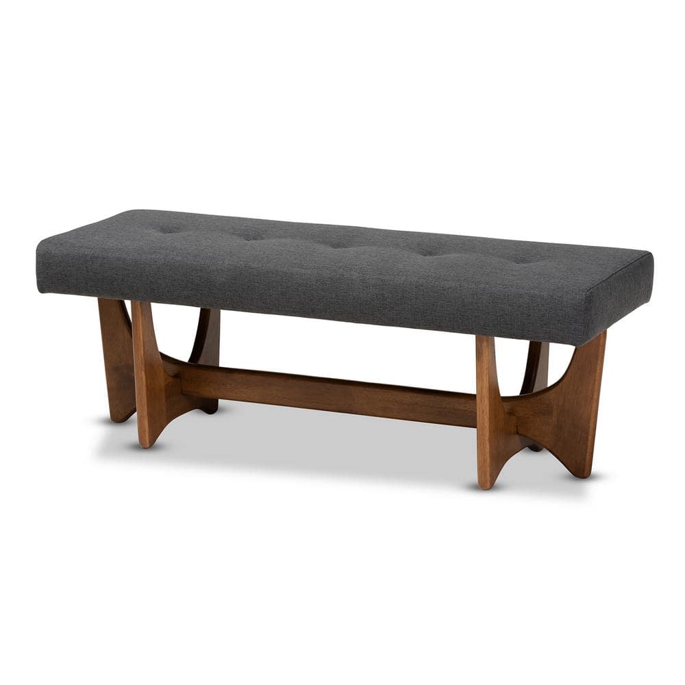 Theo Dark Grey Upholstered Walnut Mid-Century Modern Bench