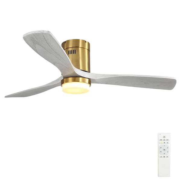 Jushua 52 in. Gray 3 Solid Wood Blades Dimmable Indoor Integrated LED Ceiling Fan with 6 Speed Remote, Reversible DC Motor