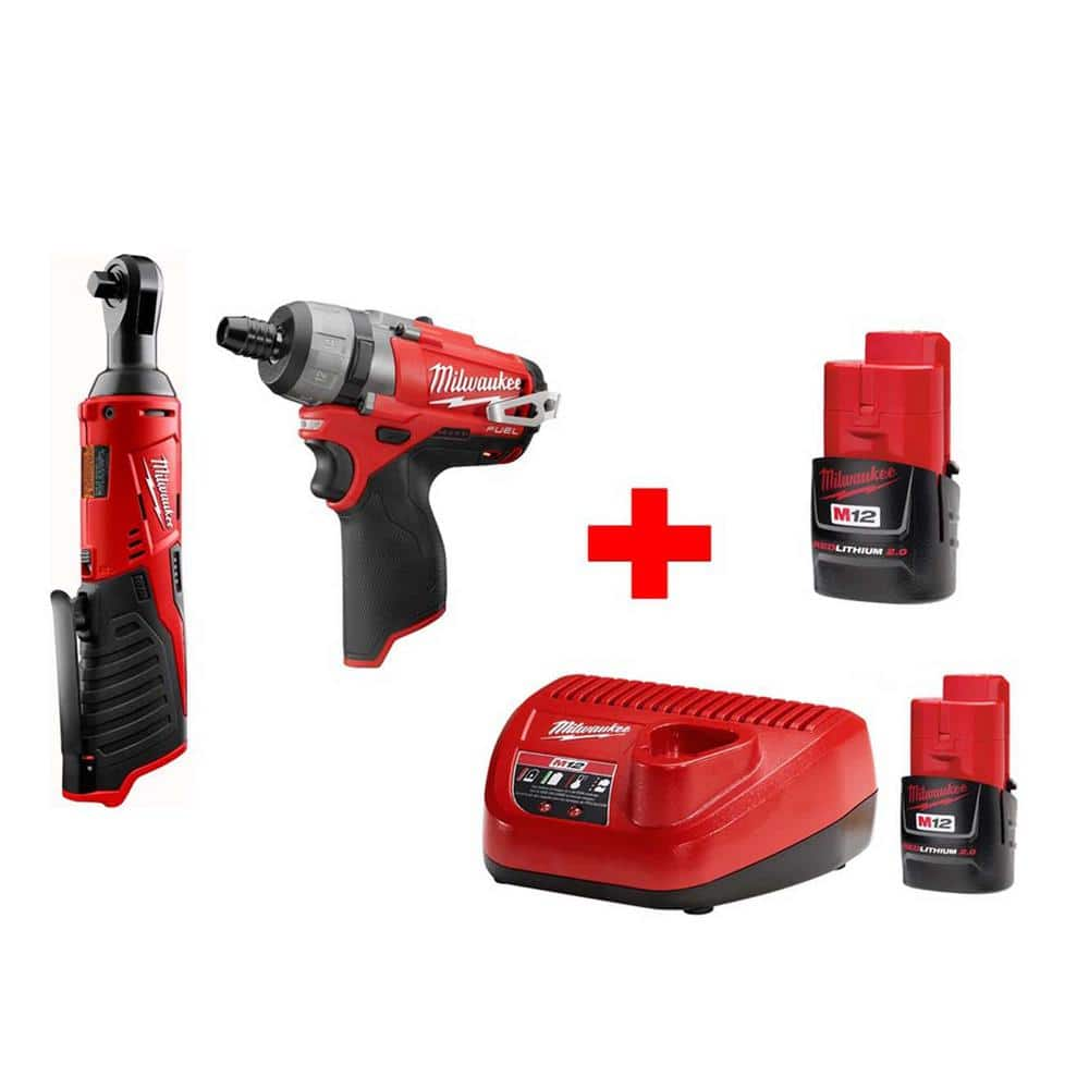 M12 12-Volt Lithium-Ion Cordless 3/8 in. Ratchet and FUEL 1/4 in. Screwdriver Combo Kit (2-Tool) -  Milwaukee, 2457-20-Q