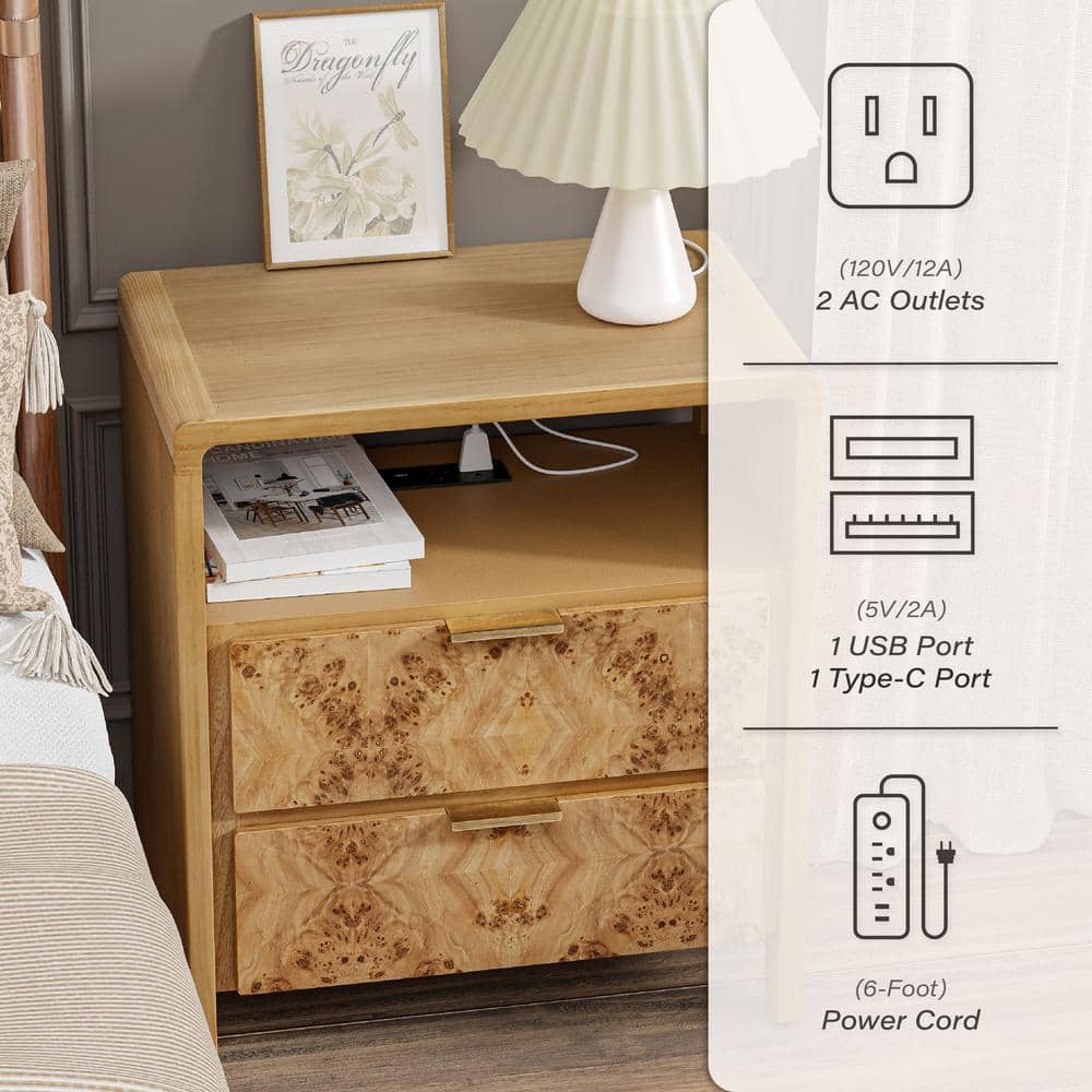 Natural Brown Wood 2-Drawer Nightstand with Charging Ports