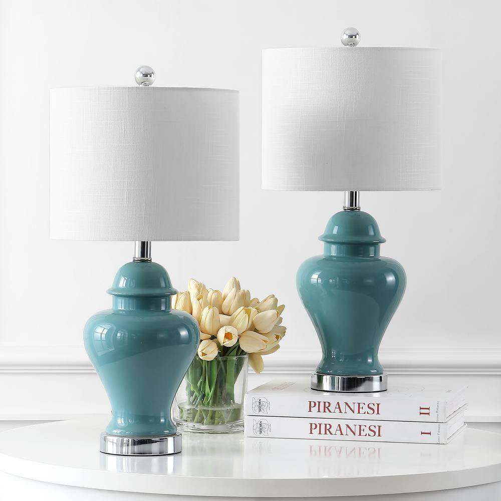 Jade Green Ceramic and Iron 22" Table Lamp Set with Linen Shade