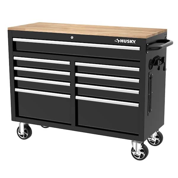 Tool Storage 46 in. W x 18 in. D 9-Drawer Mobile Workbench Cabinet in Gloss Black
