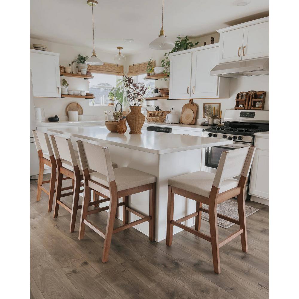 Linus Natural Flax Upholstered Bar Stools with Rubberwood Legs, Set of 4