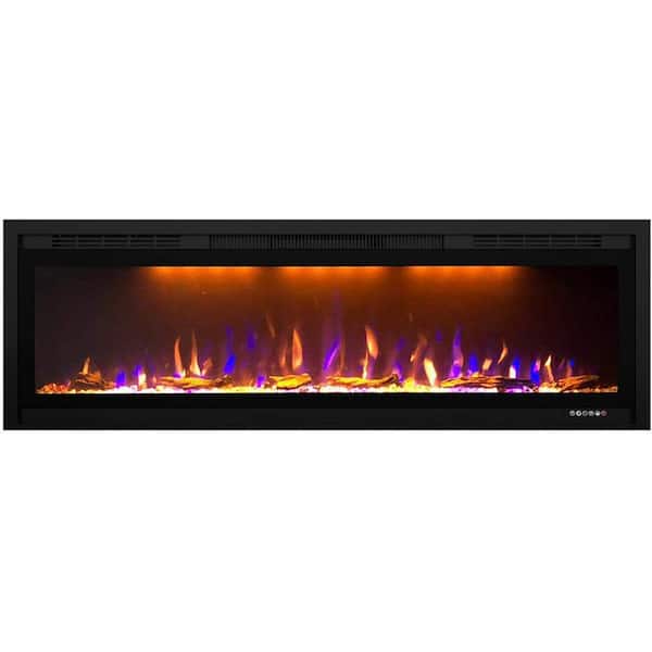Black 52 in. 400 Sq. Ft. Recessed and Wall Mounted Electric Fireplace with Remote Control and Multi-Color Flame