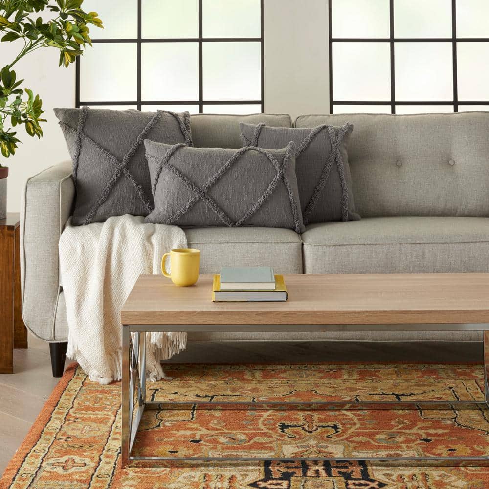 Gray Cotton Abstract Shaggy Detail Lumbar Pillow 14 x 24 in.