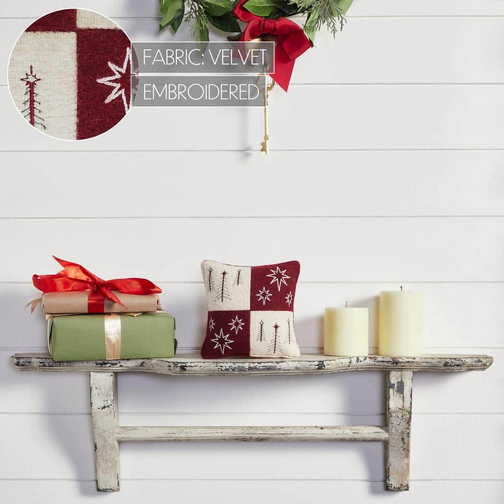 Burgundy and Creme Embroidered Christmas Patch Pillow 6x6