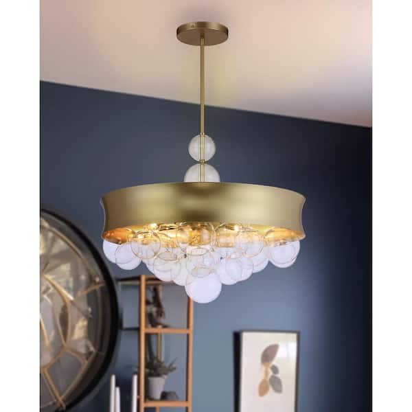 Verdi Square 60-Watt 8-Light Soft Gold Bubble Pendant Light to Semi Flush with Clear Glass Orbs and No Bulbs Included