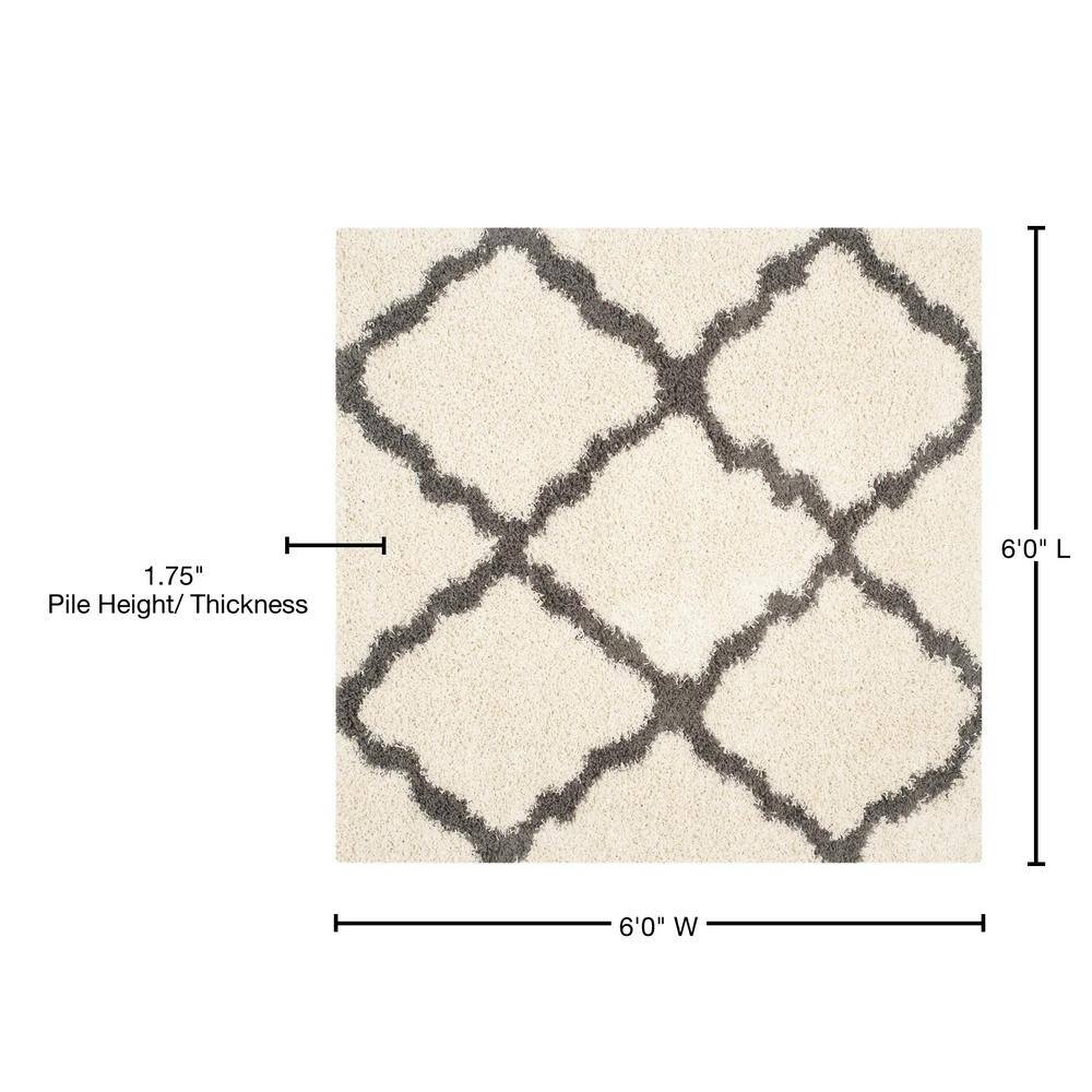 Ivory & Dark Grey Geometric Shag Square Rug, Easy Care Synthetic 6'x6'