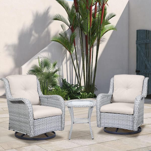 Gymojoy Carolina 3-Piece Wicker Patio Conversation Set with Beige Cushions