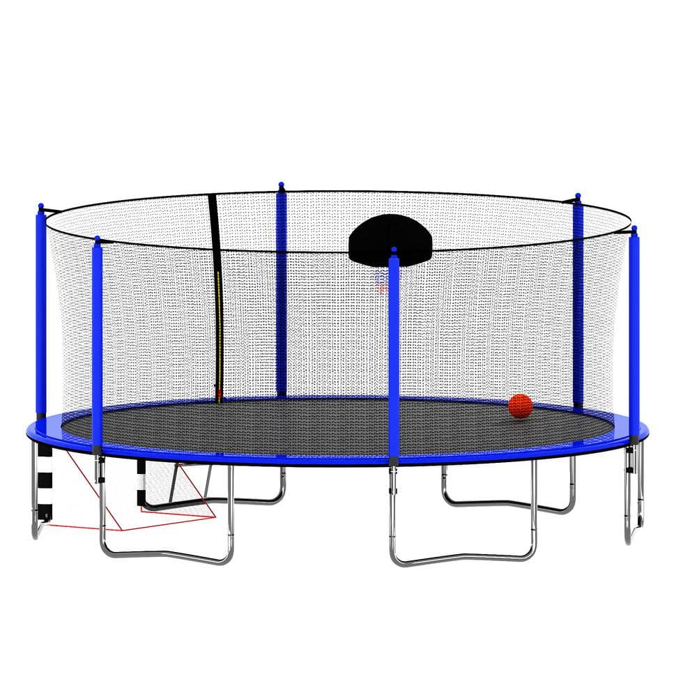 16FT Blue Round Trampoline with Safety Enclosure and Basketball Hoop
