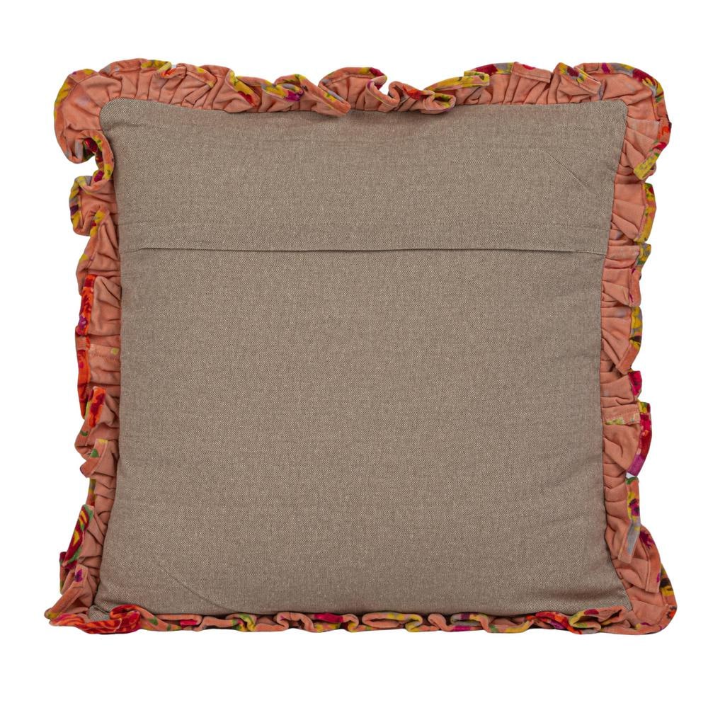 Multicolor Floral Velvet Square Pillow with Ruffle Trim