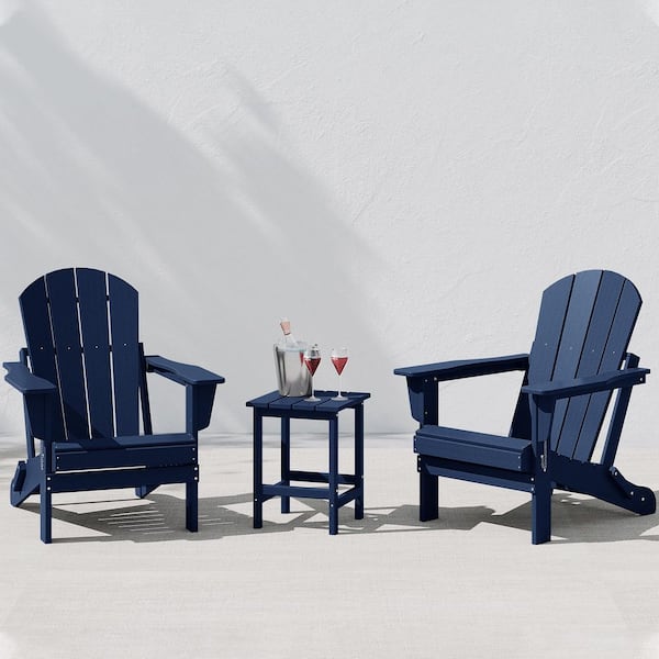 Laguna 3-Piece Fade Resistant Outdoor Patio HDPE Poly Plastic Folding Adirondack Chair Set with Side Table in Navy Blue