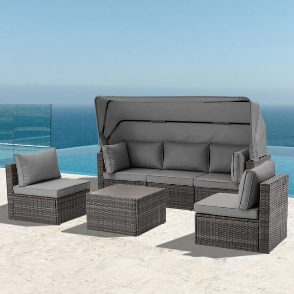Unbranded 6-Piece Grey Wicker and Steel Frame Outdoor Patio Sectional Set with Grey Cushions, Adjustable Canopy and Backrest