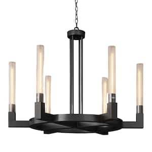 35 in. 6-Light Farmhouse Chandelier, Black Wagon Wheel Chandelier with Glass Tube for Dining Room, Living Room, Entryway