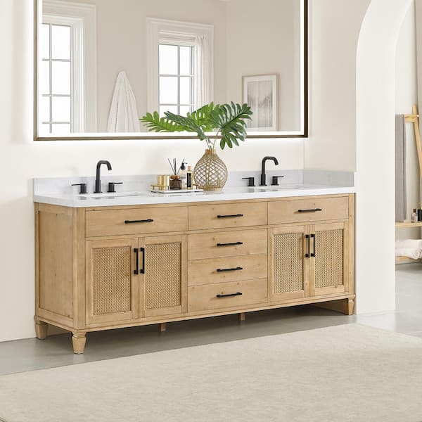 Salome 84 in. Double Freestanding Weathered Fir Bath Vanity with Grain White Engineered Stone Top Assembled