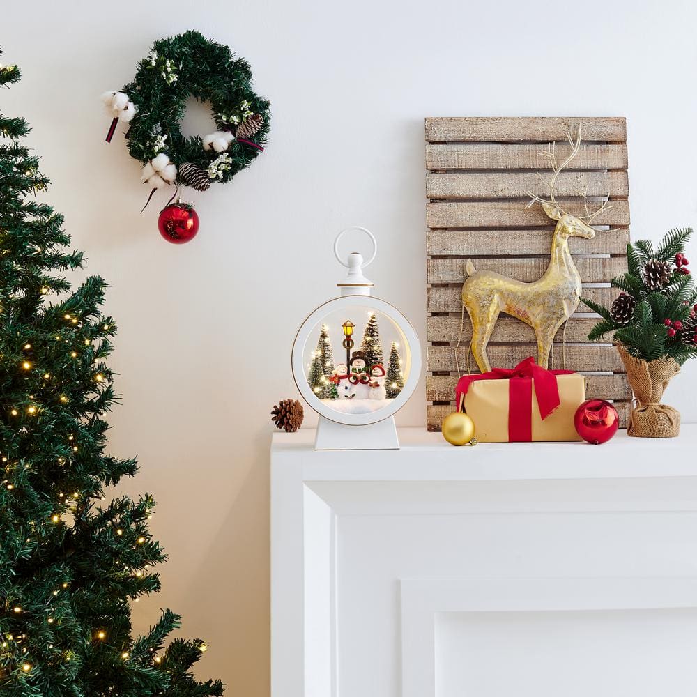 White Oval Lighted Winter Snowman Scene Diorama Lantern