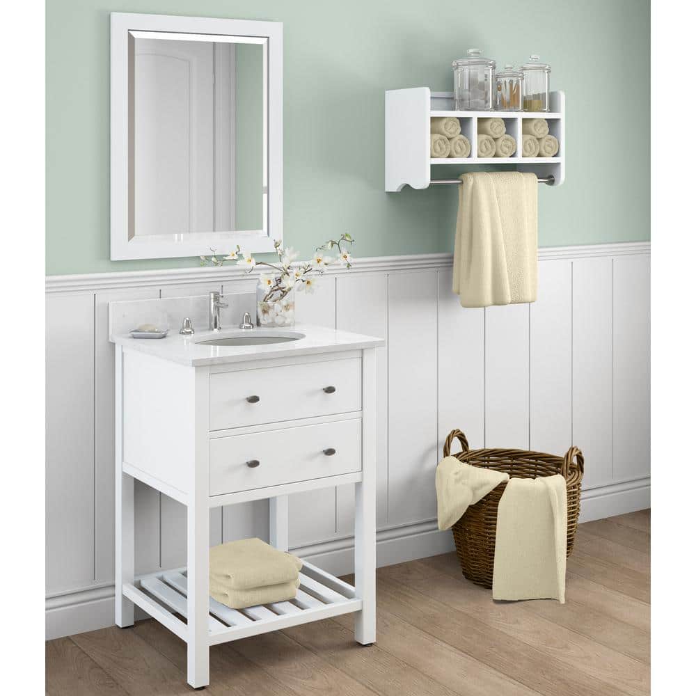 Elegant White Wood Bathroom Storage Shelf with Towel Rods, 31.25 in