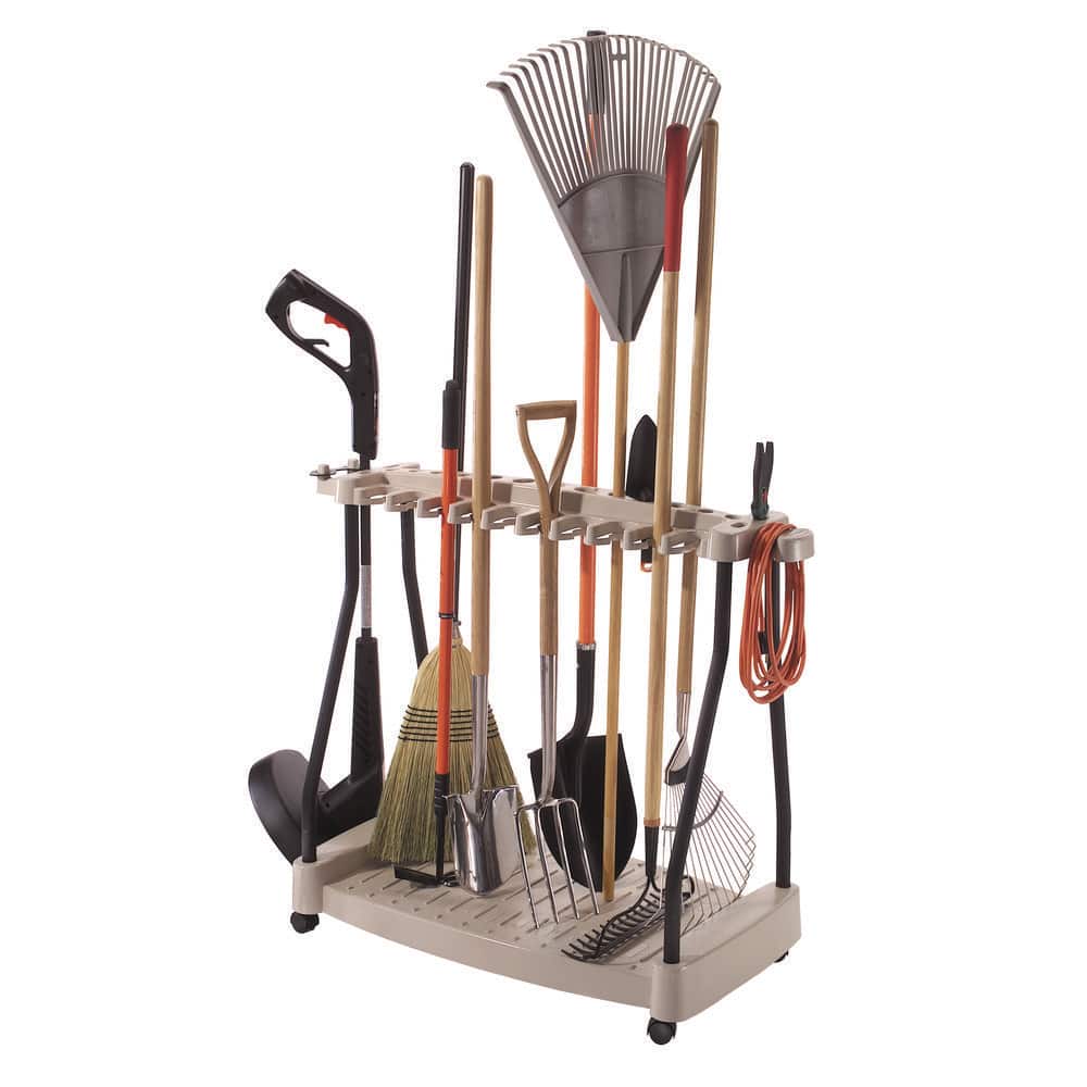 Suncast Light Taupe Steel-Core Tool Storage Rack with Wheels