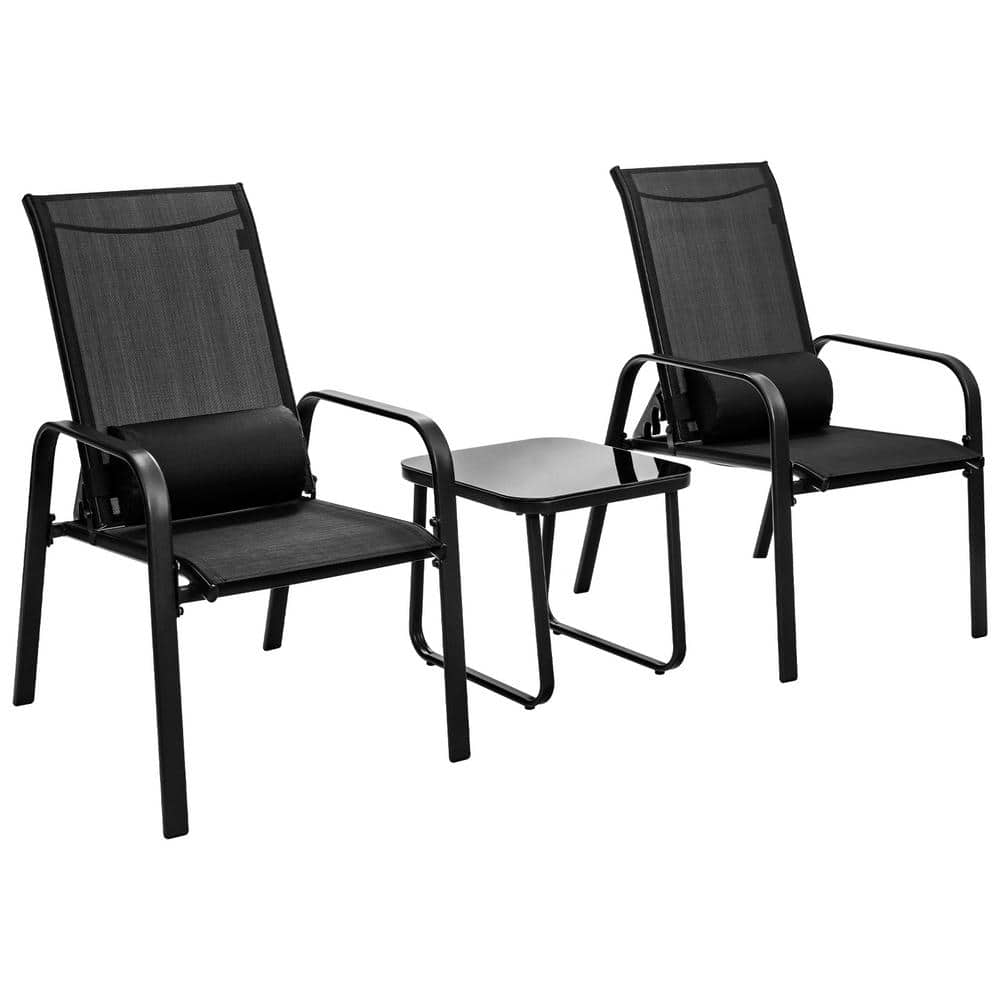 3-Piece Black Metal Patio Conversation Set Adjustable Back Stackable Chairs Side Table Set Bistro Set for Garden price history on PriceWatchPro