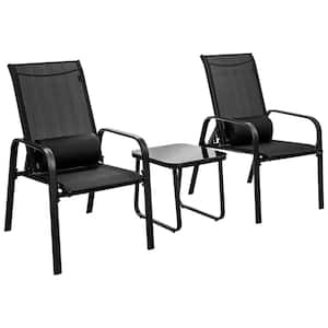 3-Piece Black Metal Patio Conversation Set Adjustable Back Stackable Chairs Side Table Set Bistro Set for Garden