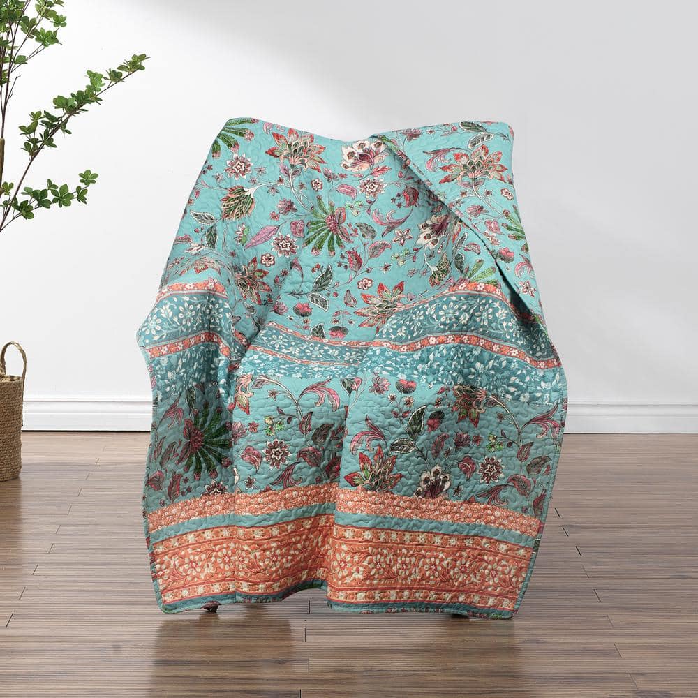 Turquoise and Coral Floral Quilted Reversible Throw Blanket