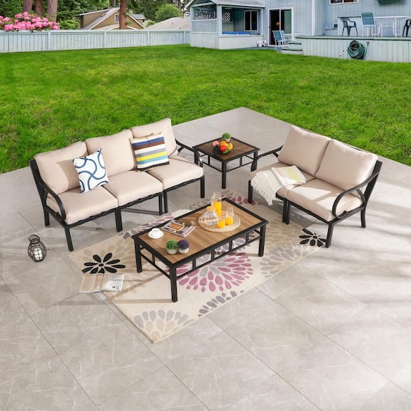 7-Piece Metal Patio Conversation Set with Beige Cushions