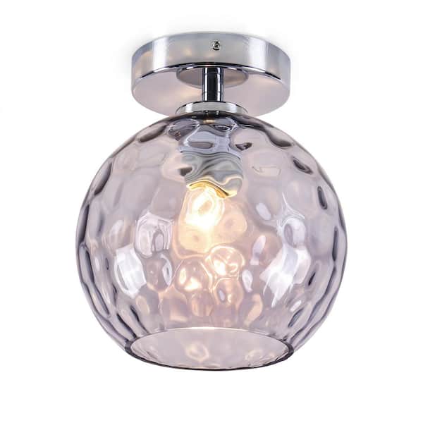 bessten Nox 8 in. Chrome 1-Light Semi-Flush Mount Light with Smoky Stone Pattern Glass Round Shade and E26 Base (No Bulbs)