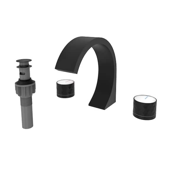 8 in. Widespread Double Handle C Arc Waterfall Spout Deck-Mount Bathroom Sink Faucet with Drain Kit in Matte Black