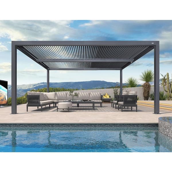 PURPLE LEAF 12 ft. x 16 ft. Gray Louvered Pergola Outdoor Aluminum ...