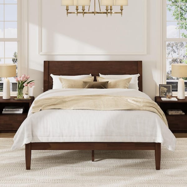 Dark Walnut Brown Minimalist Modern Solid Wood Bed Frame Queen Platform Bed with Slanted Headboard, Easy Assembly