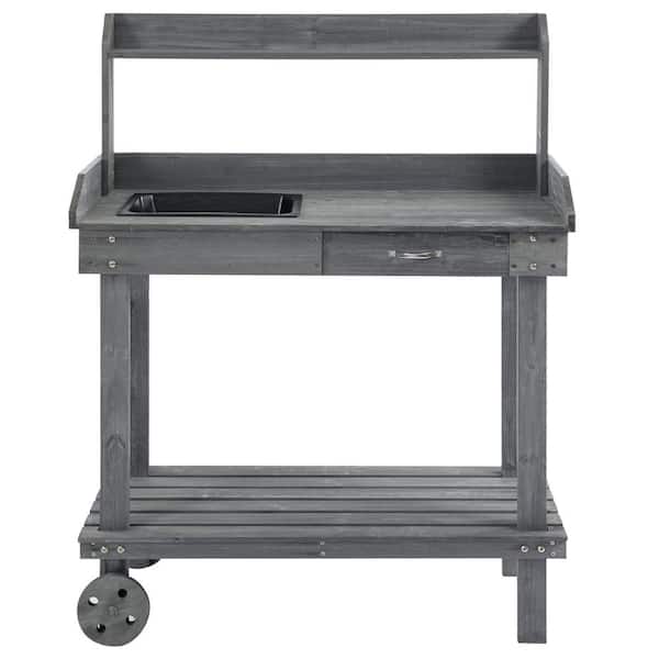 46.75 in. H x 36.25 in. W x 17.75 in. D Gray Wooden Garden Potting Bench Table with 2-Removable Wheels, Sink, Drawer