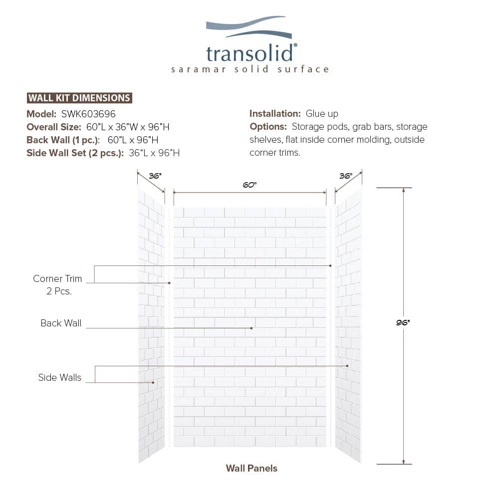 SaraMar White Solid Surface 3-Piece Glue Up Shower Wall Kit