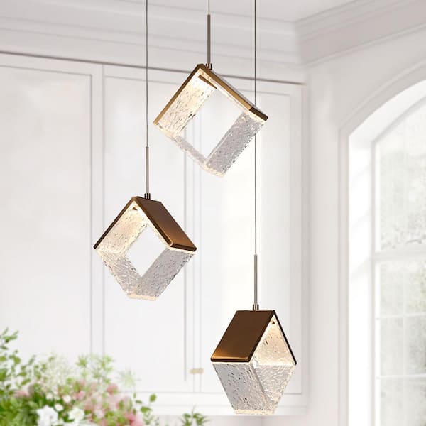 LNC Cendrillon 3-Light Dimmable Integrated LED Plating Brass Cluster Chandelier with Modern Geometric Shades Island Pendant