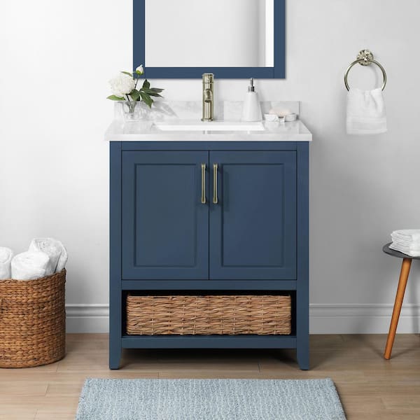 Home Decorators Collection Newhall 30 in. W x 22 in. D x 34 in. H Single Sink Bath Vanity in Grayish Blue with White Engineered Marble Top