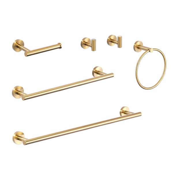 6-Piece Wall Mounted Stainless Steel Bath Hardware Set with Towel Bars,Towel Ring,Towel Hooks in Brushed Gold