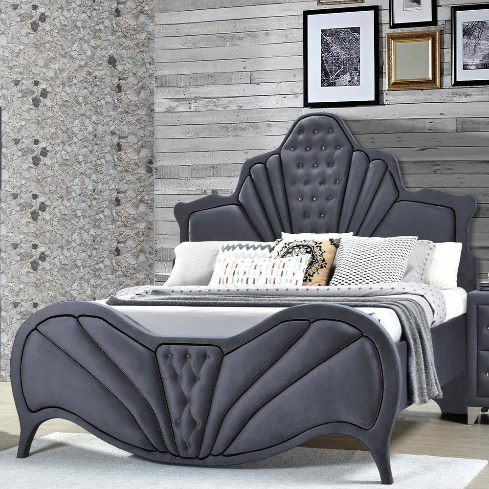 Gray Velvet Queen Platform Bed with Tufted Headboard and Storage Drawer