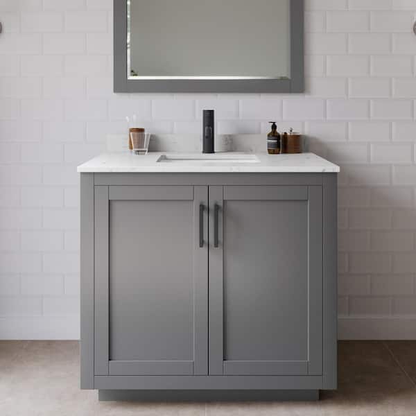 Wyndham Collection Miranda 36 in. W Single Bath Vanity in Dark Gray with Cultured Marble Vanity Top in Light-Vein Carrara with White Basin