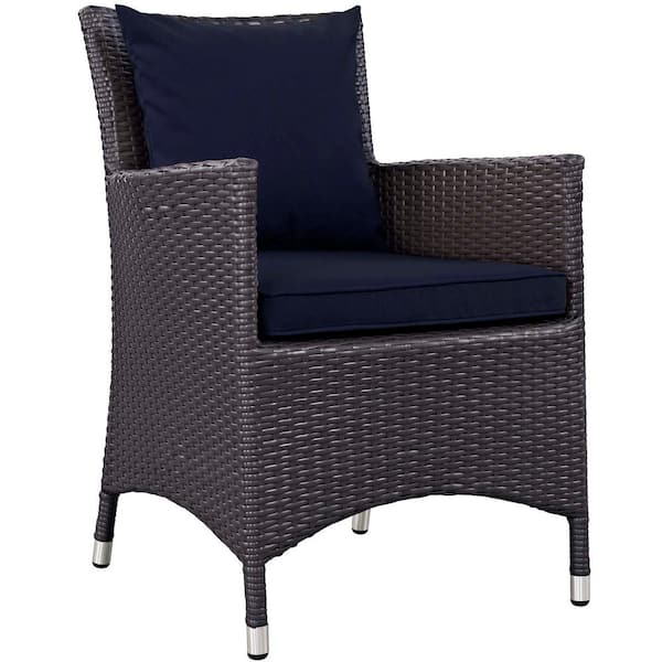 MODWAY Convene Wicker Outdoor Patio Dining Chair in Espresso with Navy Cushions